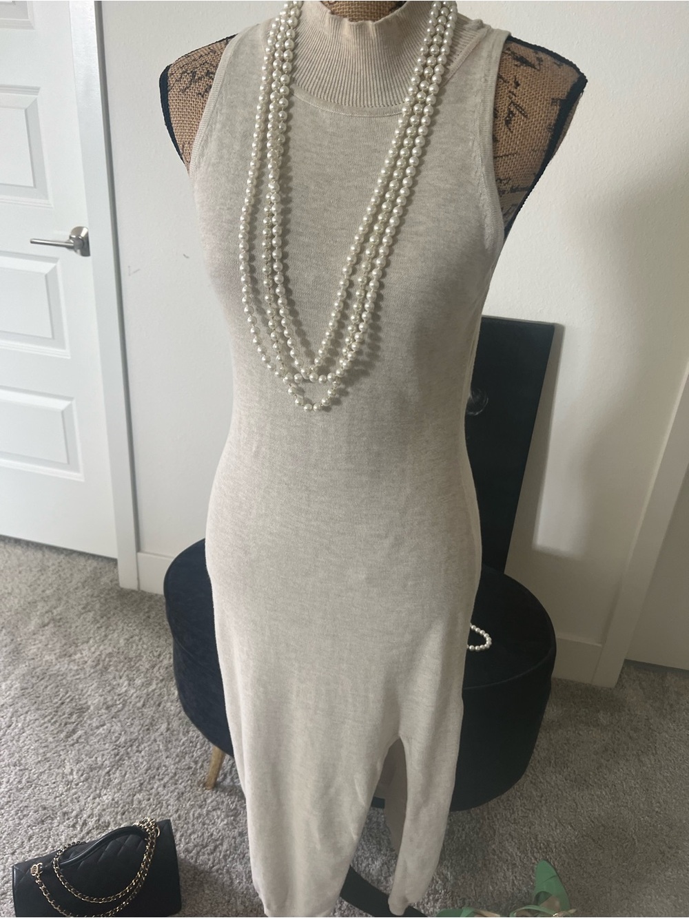 MINKPINK Sleeveless Knit Midi Dress in Light Beige